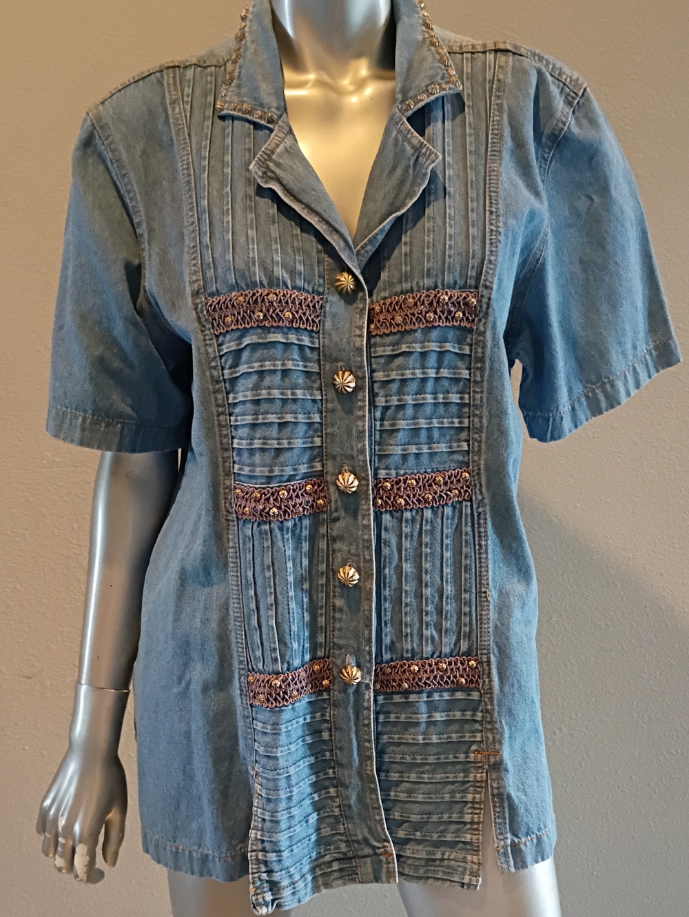 Antique Light Blue Denim Button-Front Shirt with Decorative Trim
